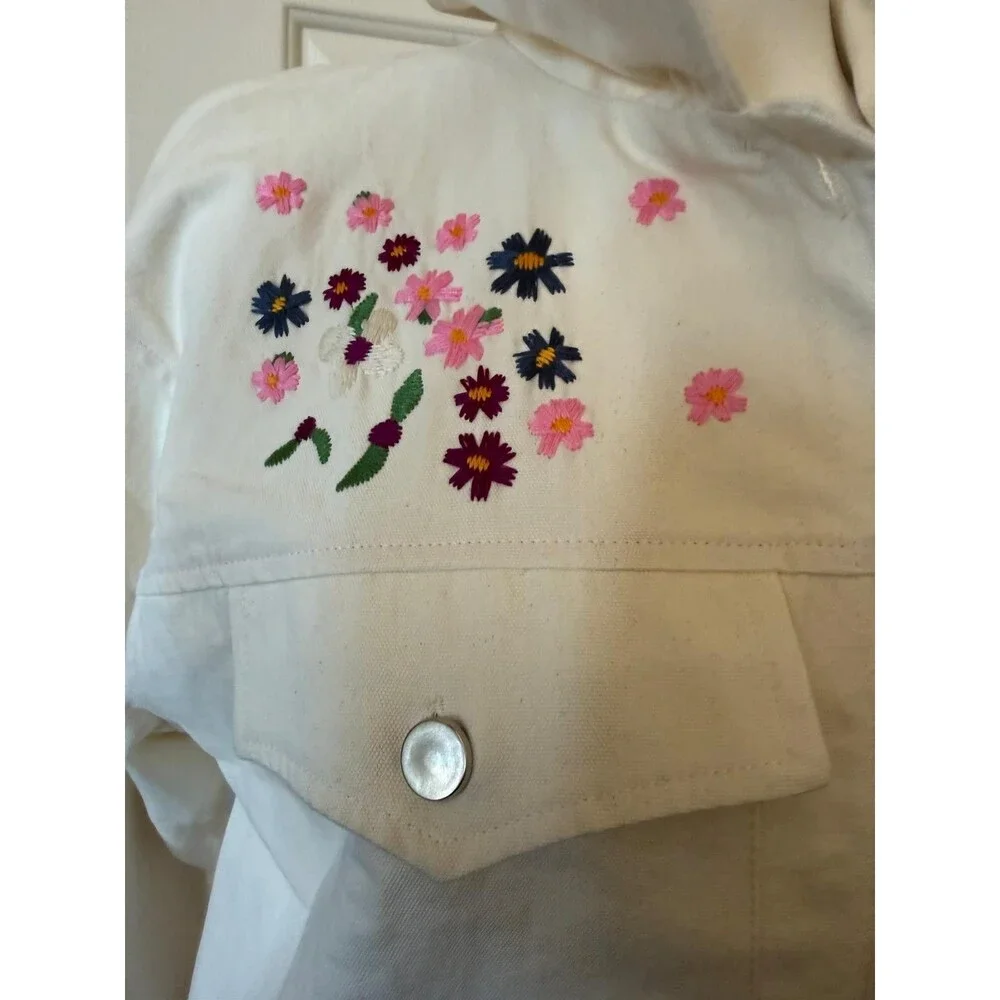 Dolan Jacket Women's XL Cream Embroidered Floral Denim Button Front Boho Rodeo